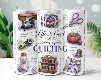 Quilting Watercolor 20oz Tumbler Wrap PNG | Sewing Hobby Sublimation Design