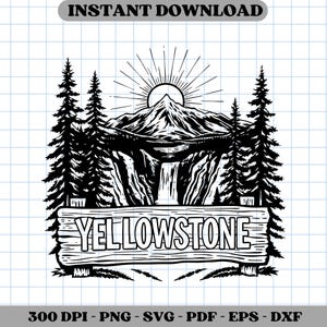 Yellowstone National Park Waterfall Clipart: Vintage Nature Scene (Digital Download