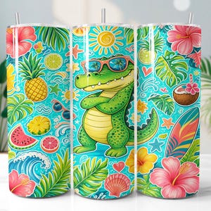 May include: A cylindrical tumbler featuring a vibrant tropical pattern on a bright blue background. The design includes a green crocodile wearing sunglasses, pineapples, hibiscus flowers, palm leaves, watermelon slices, and a surfboard.