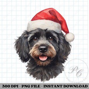 May include: A watercolour illustration of a black dog wearing a red and white Santa hat. The dog has brown eyes and a brown and tan muzzle. The image includes the text "300 DPI - PNG FILE - INSTANT DOWNLOAD".