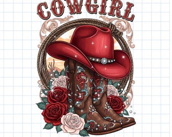 Cowgirl-png: rode hoed, laarzen en rozen - rodeo-sublimatieontwerp