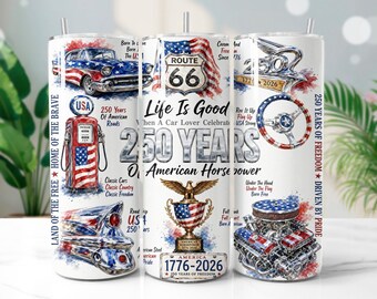 American Classic Cars 20oz Tumbler Wrap PNG | Watercolor 250th Anniversary Sublimation Design