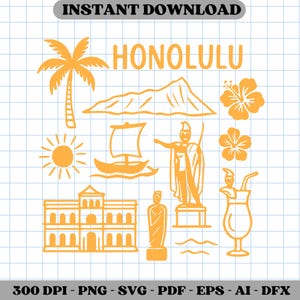Honolulu Hawaii SVG Clipart, Retro Island Icons with Palm Tree, Hibiscus & Hula for Travel Crafts and Shirts, Tropical Vacation Gift