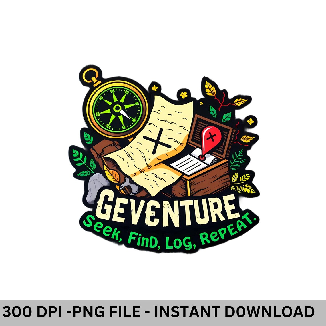 Geocaching Adventure PNG: Vintage Compass & Treasure Map (digital ...