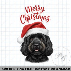 May include: A digital illustration of a black dog wearing a red and white Santa hat. The words "Merry Christmas" are written in red script above the dog. The image is a PNG file.