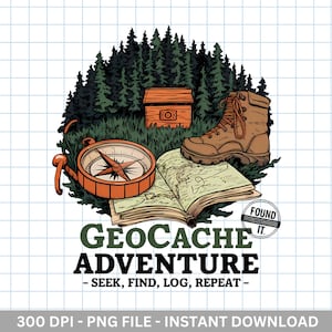 Geocaching Adventure PNG / Brújula antigua y mapa del tesoro / Clipart de GPS para senderismo / Diseño de calcomanía de explorador al aire libre / Descarga digital