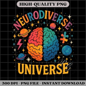 Neurodiverse Universe PNG colorful brain design, autism pride sublimation art for mental health, unique gift for neurodiversity supporters