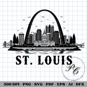 May include: Black and white illustration of the St. Louis skyline, featuring the Gateway Arch, city buildings, and the text "ST. LOUIS". Includes a bridge, trees, and birds. The image is a digital design.