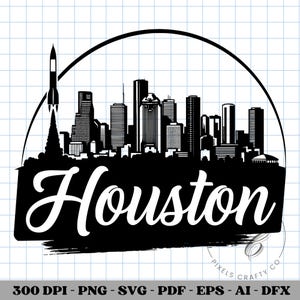 May include: Black and white graphic of the Houston, Texas skyline with a rocket launching. The word "Houston" is written in a cursive font below the skyline. The image is set inside a black arch.