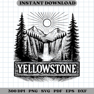Yellowstone National Park Waterfall Clipart: Vintage Nature Scene (Digital Download