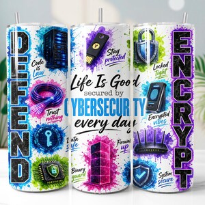 Illustration aquarelle cybersécurité pour gobelet isotherme 20 oz (590 ml) | Design par sublimation pour le secteur des technologies et de l'informatique