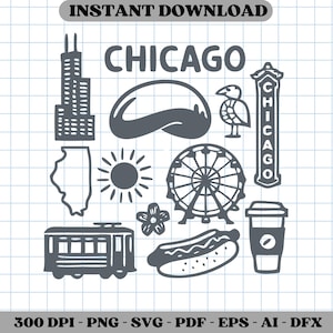 Chicago Illustration SVG Clipart Set, Iconic Bean & Willis Tower Travel Doodle, Ideal for Crafters and DIY Gift Projects