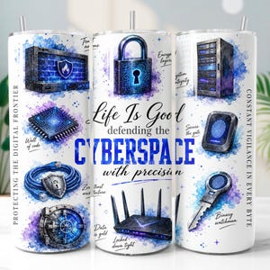 Diseño PNG de envoltura para vaso térmico de 20 oz con acuarela sobre ciberseguridad / Diseño de sublimación para protección de datos tecnológicos