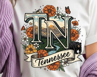 Tennessee Smoky Mountains, png, zwarte beer en wilde bloemen, sublimatiecadeau