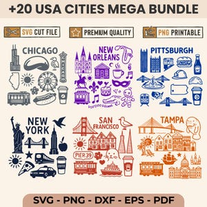 Könnte beinhalten: Eine Sammlung von SVG- und PNG-Dateien mit Wahrzeichen und Symbolen aus über 20 US-amerikanischen Städten. Enthält Illustrationen von Chicago, New Orleans, Pittsburgh, New York, San Francisco und Tampa. Der Text "SVG CUT FILE", "PREMIUM QUALITY" und "PNG PRINTABLE" ist ebenfalls enthalten.