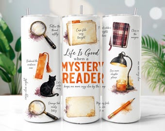 Cozy Mystery Reader Book Lover Gift 20oz Tumbler Wrap Sublimation PNG Watercolor Detective