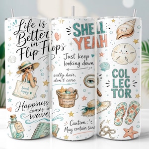 Seashell Collector Doodle 20oz Tumbler Wrap PNG Watercolor Sublimation Design