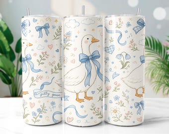 Blue Ribbon Goose Whimsical Doodle Pastel 20oz Tumbler Wrap PNG Sublimation