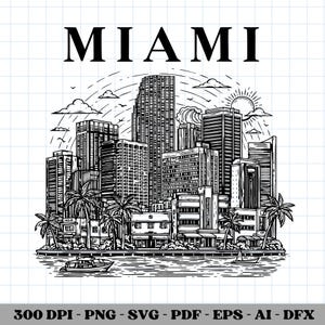 Miami Skyline SVG, Tropical Cityscape Line Art, Beachfront Clipart for Souvenir Crafts, Shirts & Prints, Perfect Miami Lover Gift