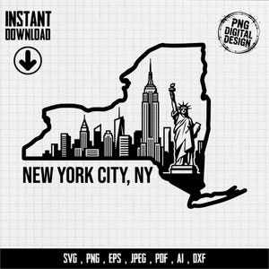 May include: Black and white digital design of New York City landmarks within the outline of New York State. The image includes the Empire State Building, the Statue of Liberty, and the text "NEW YORK CITY, NY". Includes "INSTANT DOWNLOAD" and "PNG DIGITAL DESIGN" text.