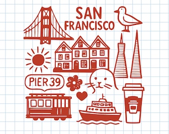 San Francisco Doodle Art, stadspictogrammen SVG PNG (digitale download)