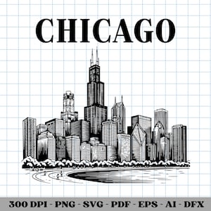 Chicago monument SVG, clipart ville venteuse, conception d&#39;art au trait urbain, voyage souvenir SVG PNG, sublimation de Chicago Doodle, vecteur de la ville