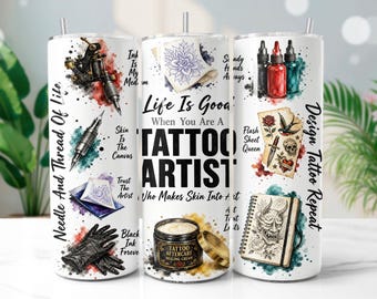 Tattoo Artist 20oz Tumbler Wrap PNG Watercolor Sublimation Design