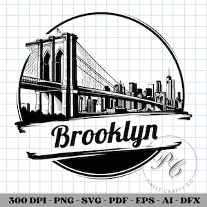 Puede incluir: Gráfico en blanco y negro del puente de Brooklyn y el horizonte de la ciudad de Nueva York, rodeado por una línea negra. La palabra "Brooklyn" está escrita en una fuente estilizada debajo del puente. La imagen incluye el texto "PIXELS CRAFTY CO".