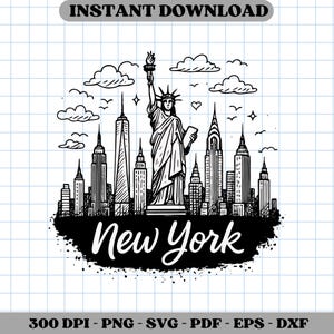 New York City Skyline SVG pNG, Statua Wolności NYC Clipart Design, Cyfrowe pobieranie dla rzemiosła i dekoracji, Idealny prezent dla wielbiciela NYC