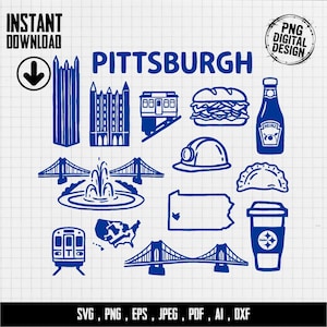 Pittsburgh SVG Clipart Handritade ikoner | Stål City Skyline PA Karta | DIY Presentprojekt