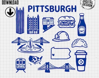 Pittsburgh SVG Clipart Hand Drawn Icons | Steel City Skyline PA Map | DIY Gift Project