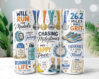 Marathon Medal Collectors 20oz Tumbler Wrap PNG Watercolor Sublimation Design