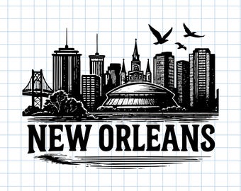 May include: Black and white illustration of the New Orleans skyline, including a bridge, various buildings, and flying birds. The text "NEW ORLEANS" is prominently displayed below the skyline. The words "INSTANT DOWNLOAD" are at the top.