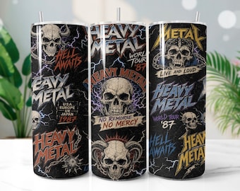 May include: Three black metal-themed tumblers with skull graphics and lightning bolts. Each tumbler features the words "Heavy Metal" and tour details from 1987. The designs include phrases like "Hell Awaits" and "Live and Loud."