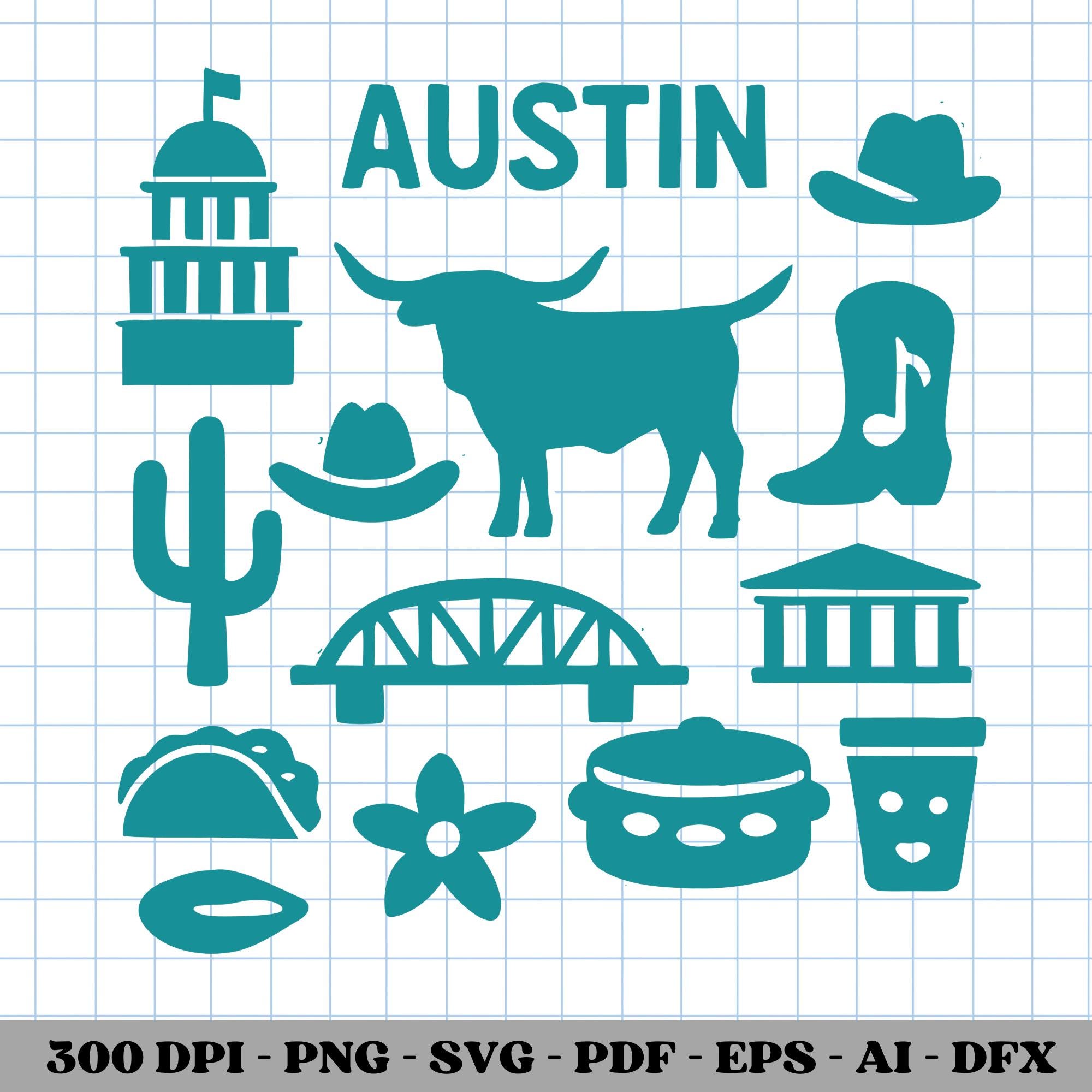 Austin Texas Doodle Clipart Set: Longhorn, Capitol, Music (SVG