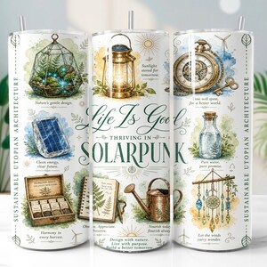 Solarpunk Watercolor 20oz Tumbler Wrap PNG | Sustainable Utopian Sublimation Design