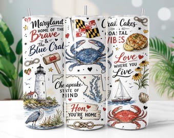 Maryland Life Doodle 20oz Tumbler Wrap PNG Watercolor Sublimation Design