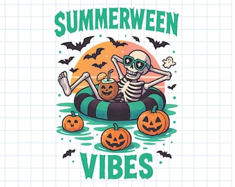 Summerween Vibes PNG: Spooky Skeleton Pool Party (Digital Download