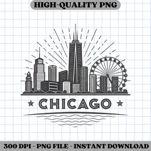 Chicago Skyline PNG – Chicago Vector Clipart, City Wall Art, Travel Design for Chicago Decor and Lovers, Hand-Drawn Vintage Cityscape PNG