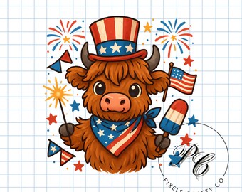Patriotic Highland Cow PNG: 4th of July Sublimation Design (Digital Download)