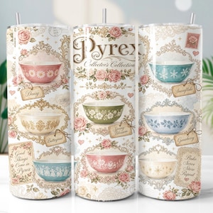 May include: Three cylindrical tumblers featuring a Pyrex Collector's Collection print. The design includes vintage-style mixing bowls in various colors, floral patterns, and ornate gold frames. Text includes Pyrex, Daisy, Spring Blossom, Snowflake, Gooseberry, and Bake Serve Store Repeat.