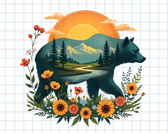 Bear Mountain Sunset Sublimation Design - Outdoor Adventure PNG for Crafting
