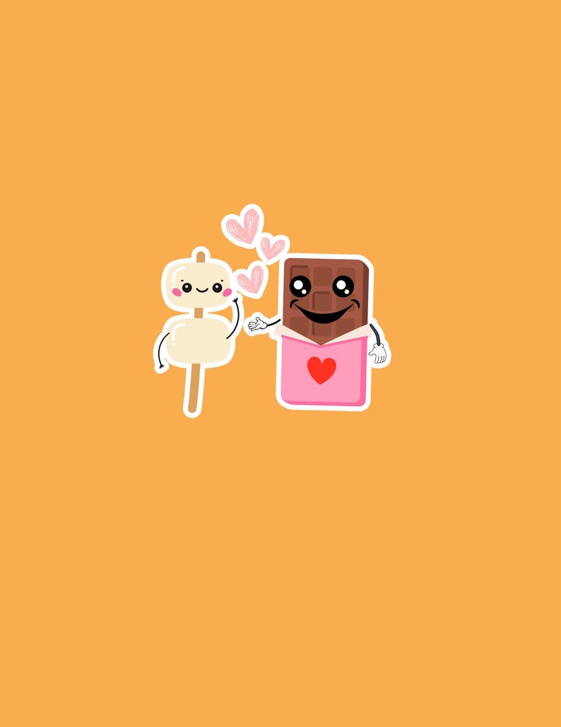 May include: A cartoon illustration of a chocolate bar and a marshmallow on a stick. Both have smiling faces and hearts are floating around them.
