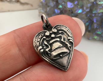 Repousse Vintage Bells Bow Heart Charm Dainty Pendant Sterling Silver