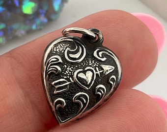 Repousse Vintage Cupid Heart Arrow Charm Dainty Pendant Sterling Silver
