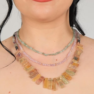 Layered Amethyst & Fluorite Necklace, Triple Strand Crystal Jewelry, Handmade Healing Stones, Spiritual Boho Gift