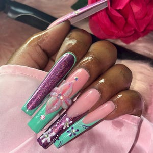 XL Press On Nails | Chrome Nails | False Nails | French tips | Birthday Nail | Press On Nails | 3D Nails | 3D Flower Nails