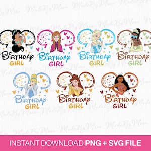 Bundle Birthday Girl Svg, Princesses Svg, Mouse Ear and Balloons Svg, Birthday Princess Svg, Png Svg Files For Print, Instant Download