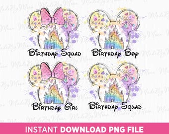 Watercolor Birthday Squad PNG, Mouse Ears, Magical Kingdom (Digital Download)