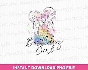 Puede incluir: Una ilustración digital de un castillo con un esquema de colores arcoíris y un lazo rosa en la parte superior. El texto "Birthday Girl" está escrito debajo del castillo.